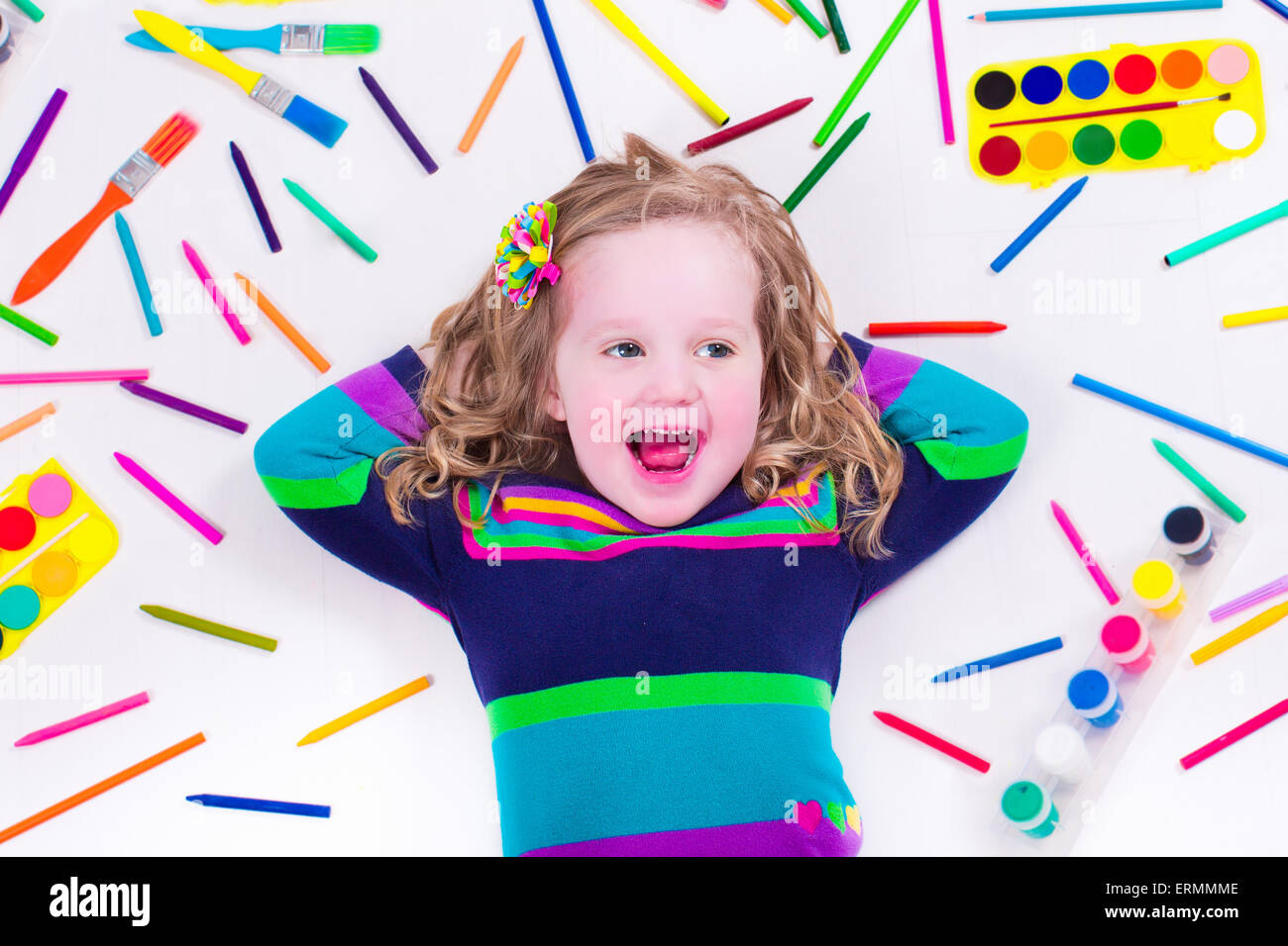 Child With Draw And Paint Supplies Kids Happy To Go Back To School Preschool Kid Learning And Studying Stock Photo Alamy