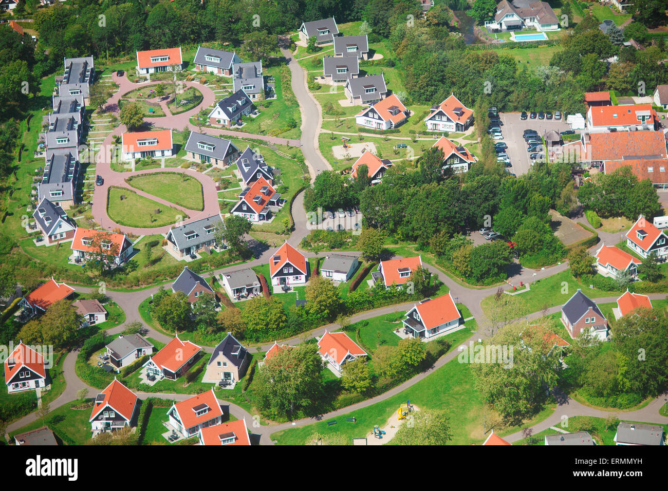 Aerial view of a residential community, village of Haamstede, Netherlands, photo taken from above during a helicopter from air Stock Photo