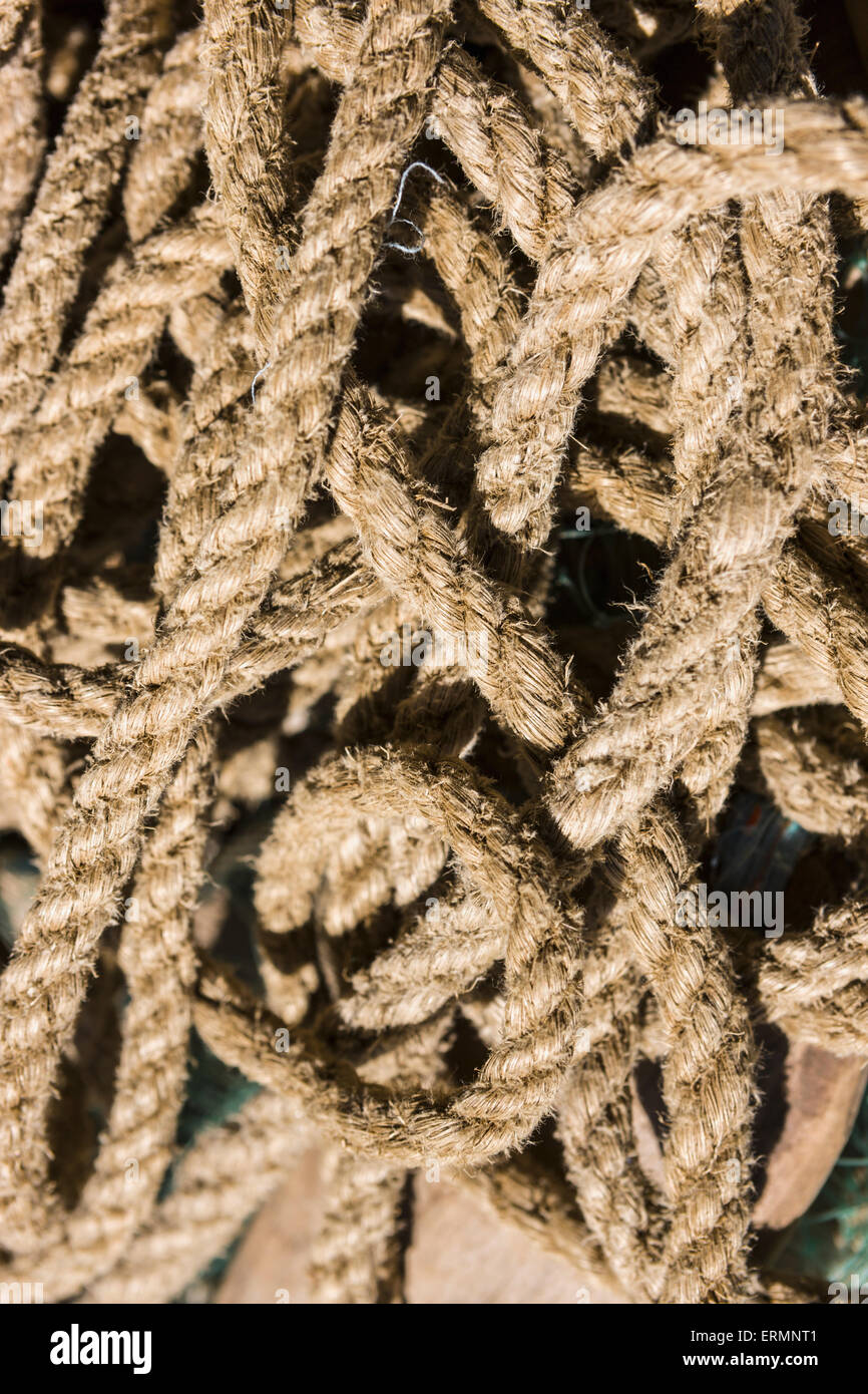 Close up of manila rope in a tangled pile, Shungnak, Arctic Alaska ...