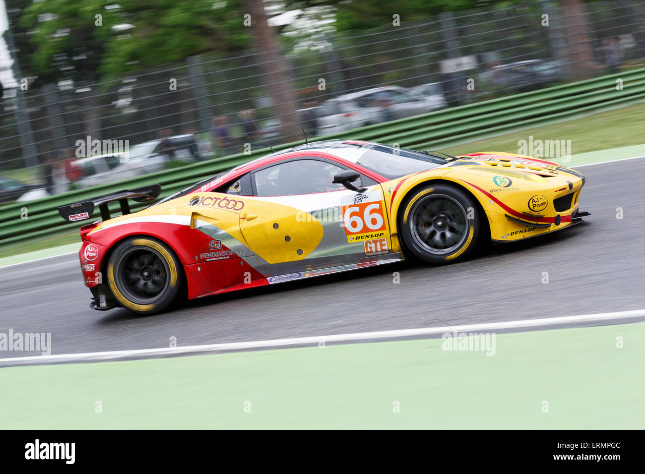 Imola, Italy – May 16, 2015: Ferrari F458 Italia of JMW MOTORSPORT Team in action during the European Le Mans Series - 4 Hours Stock Photo