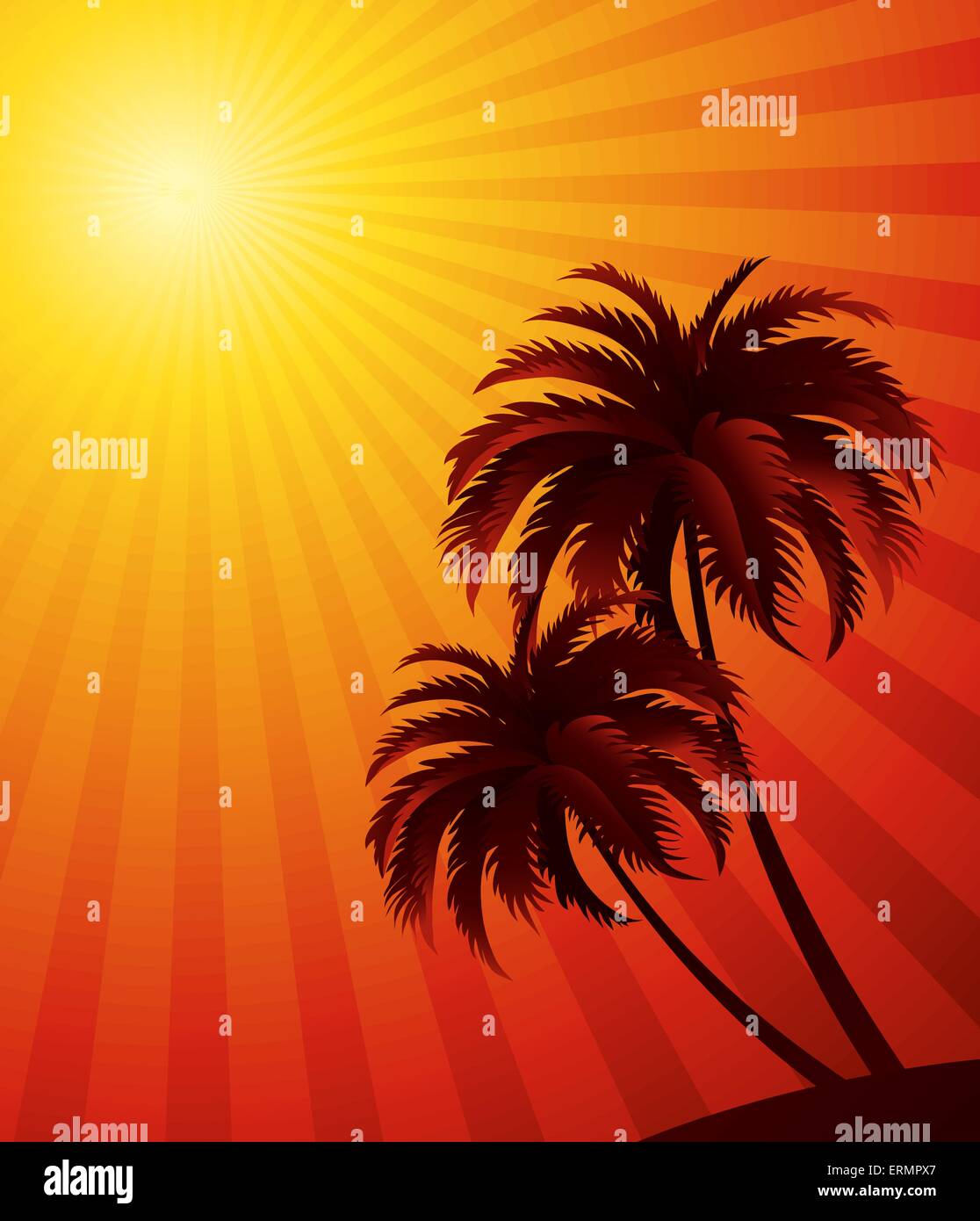 Vector sunset background with palm tree silhouette. For poster or flyer design Stock Vector