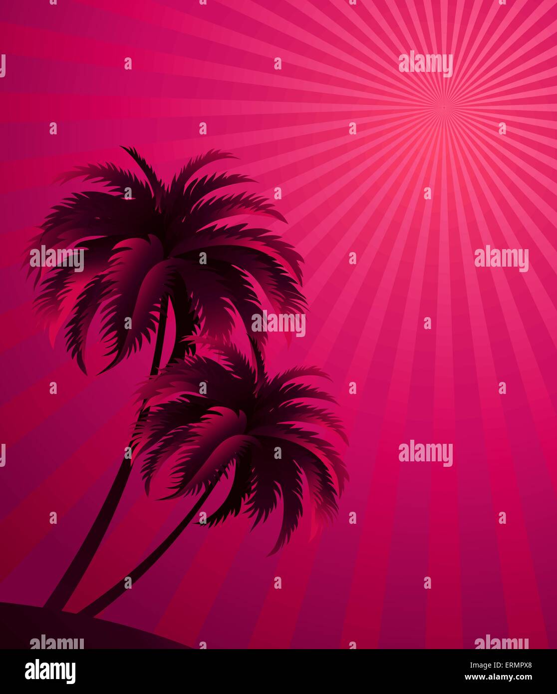 Vector sunset background with palm tree silhouette. For poster or flyer design Stock Vector