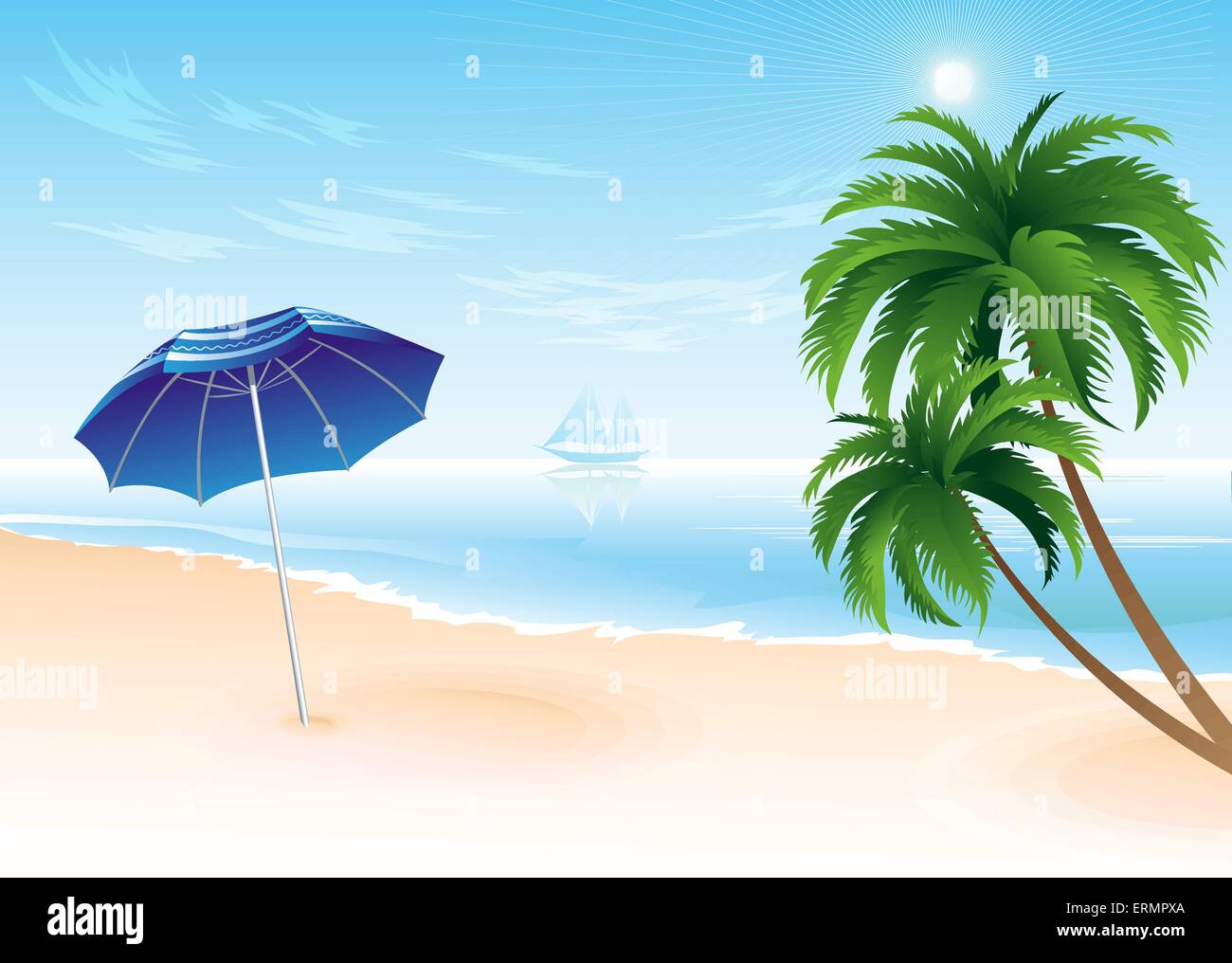 Summer beach with palm trees vector illustration Stock Vector Image ...