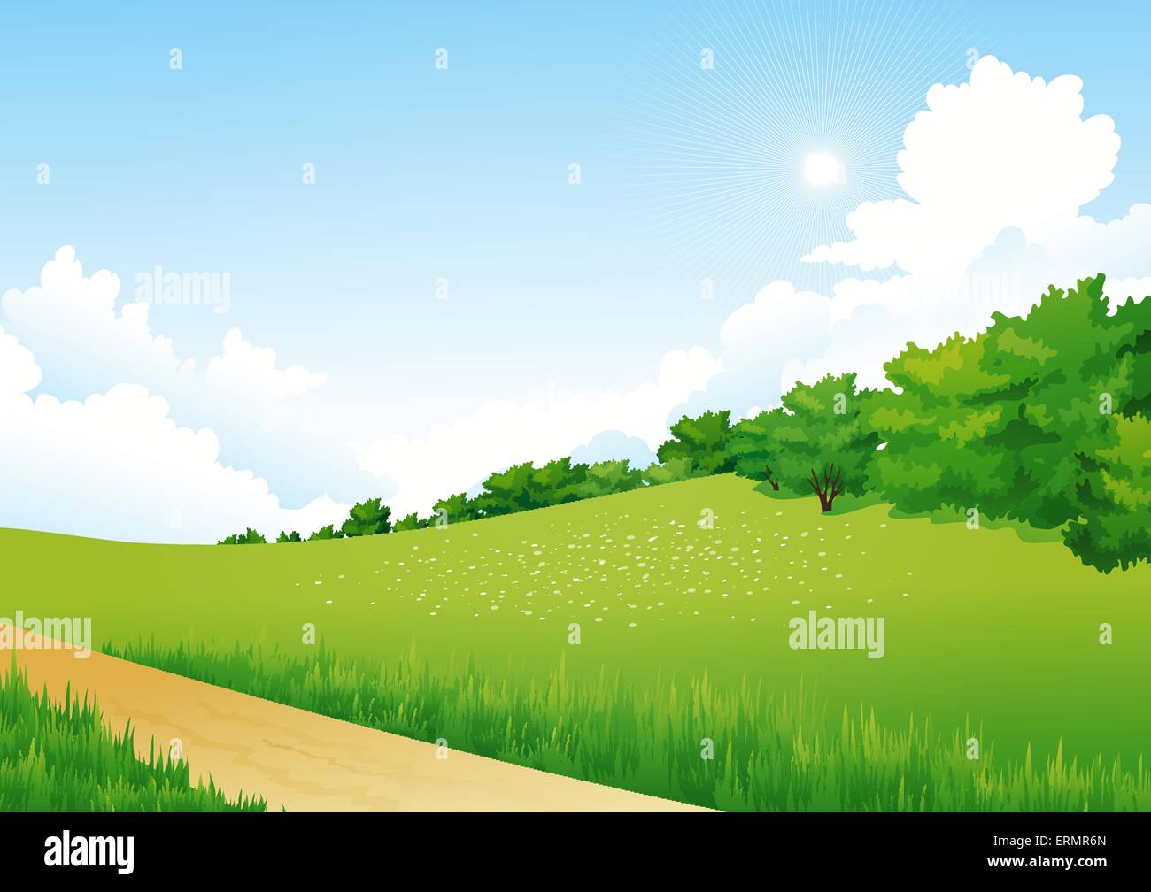 Vector Green Landscape with trees, clouds, flowers. Summer meadow Stock ...