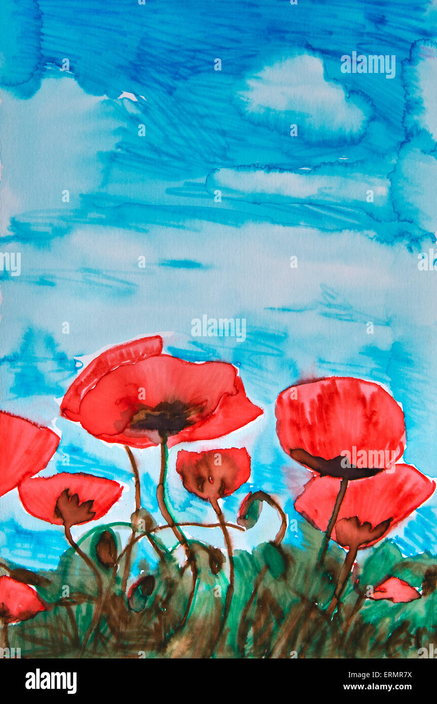 Painting of red poppies and a blue sky Stock Photo - Alamy
