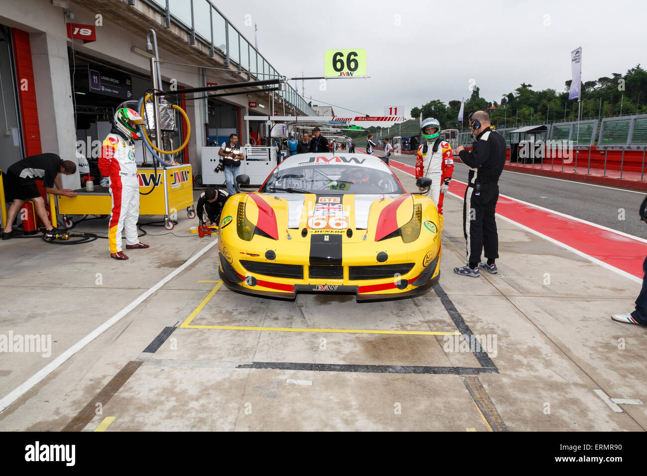 Imola, Italy – May 16, 2015: Ferrari F458 Italia of JMW MOTORSPORT Team in action during the European Le Mans Series - 4 Hours Stock Photo