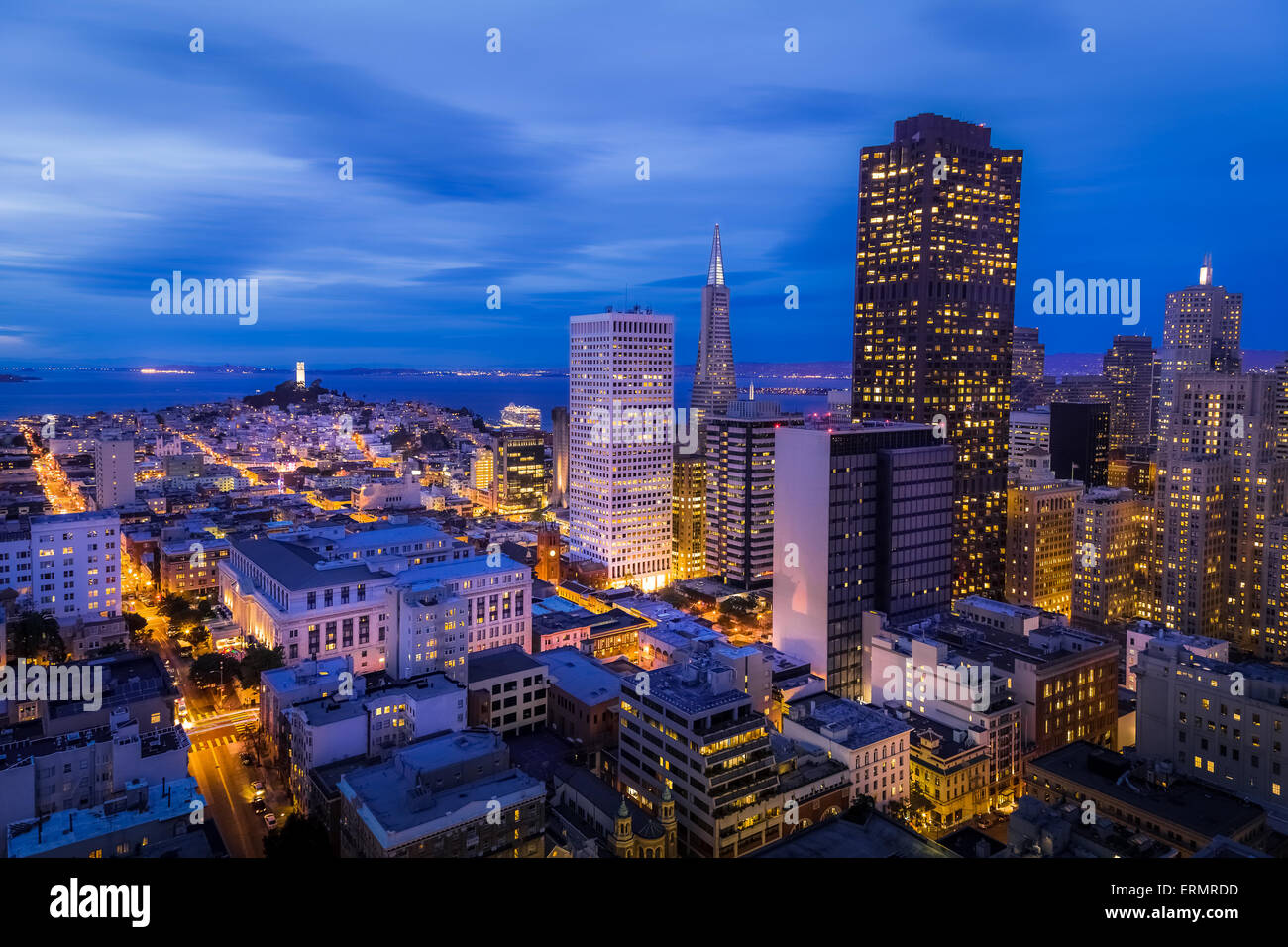 San Francisco financial district cityscape at night, California, USA Stock Photo