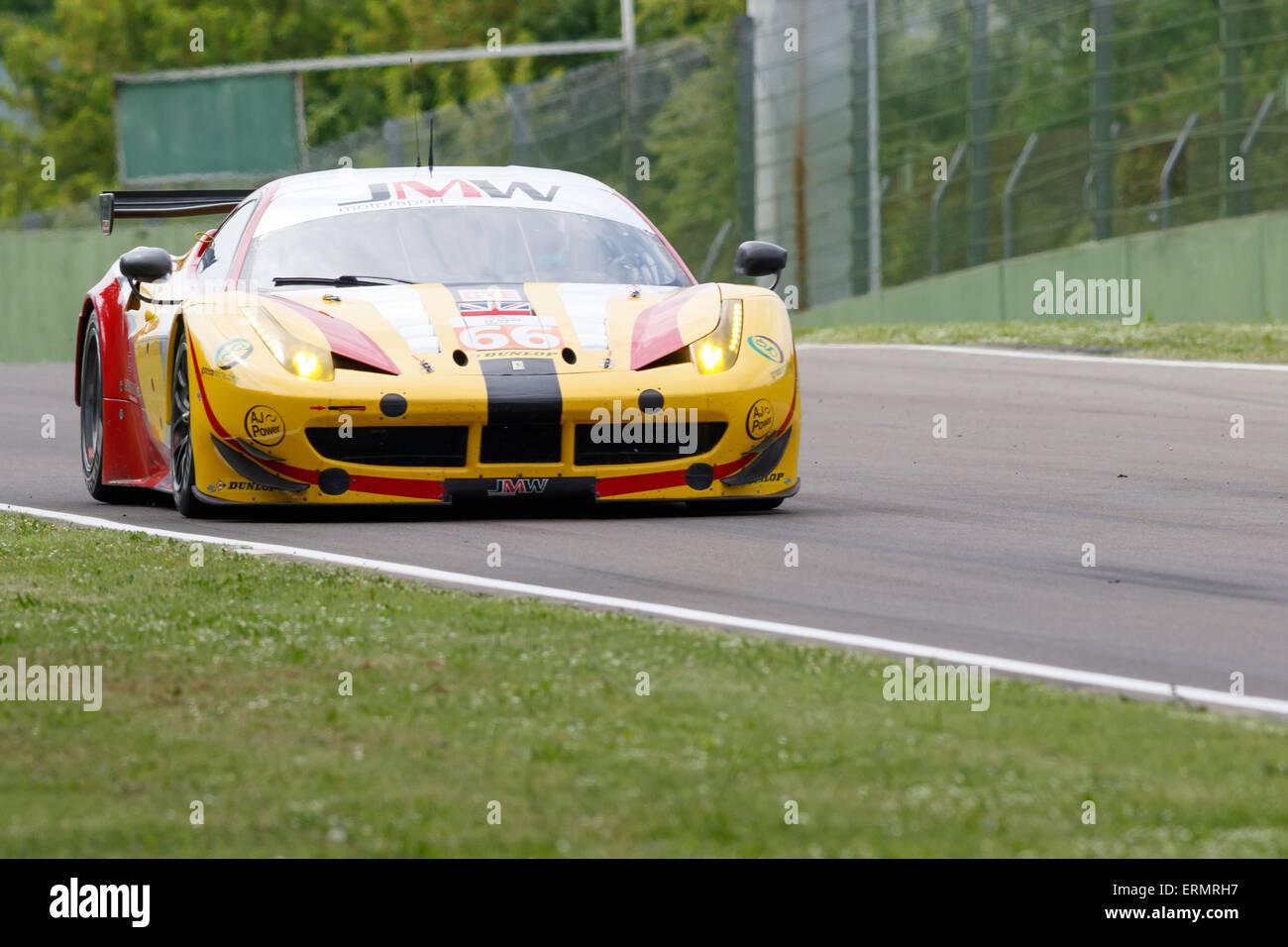 Imola, Italy – May 16, 2015: Ferrari F458 Italia of JMW MOTORSPORT Team in action during the European Le Mans Series - 4 Hours Stock Photo