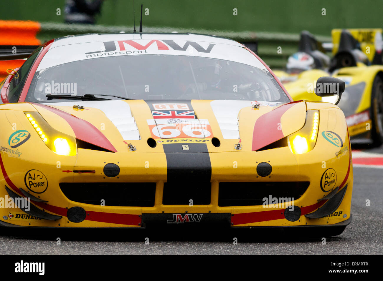 Imola, Italy – May 16, 2015: Ferrari F458 Italia of JMW MOTORSPORT Team in action during the European Le Mans Series - 4 Hours Stock Photo