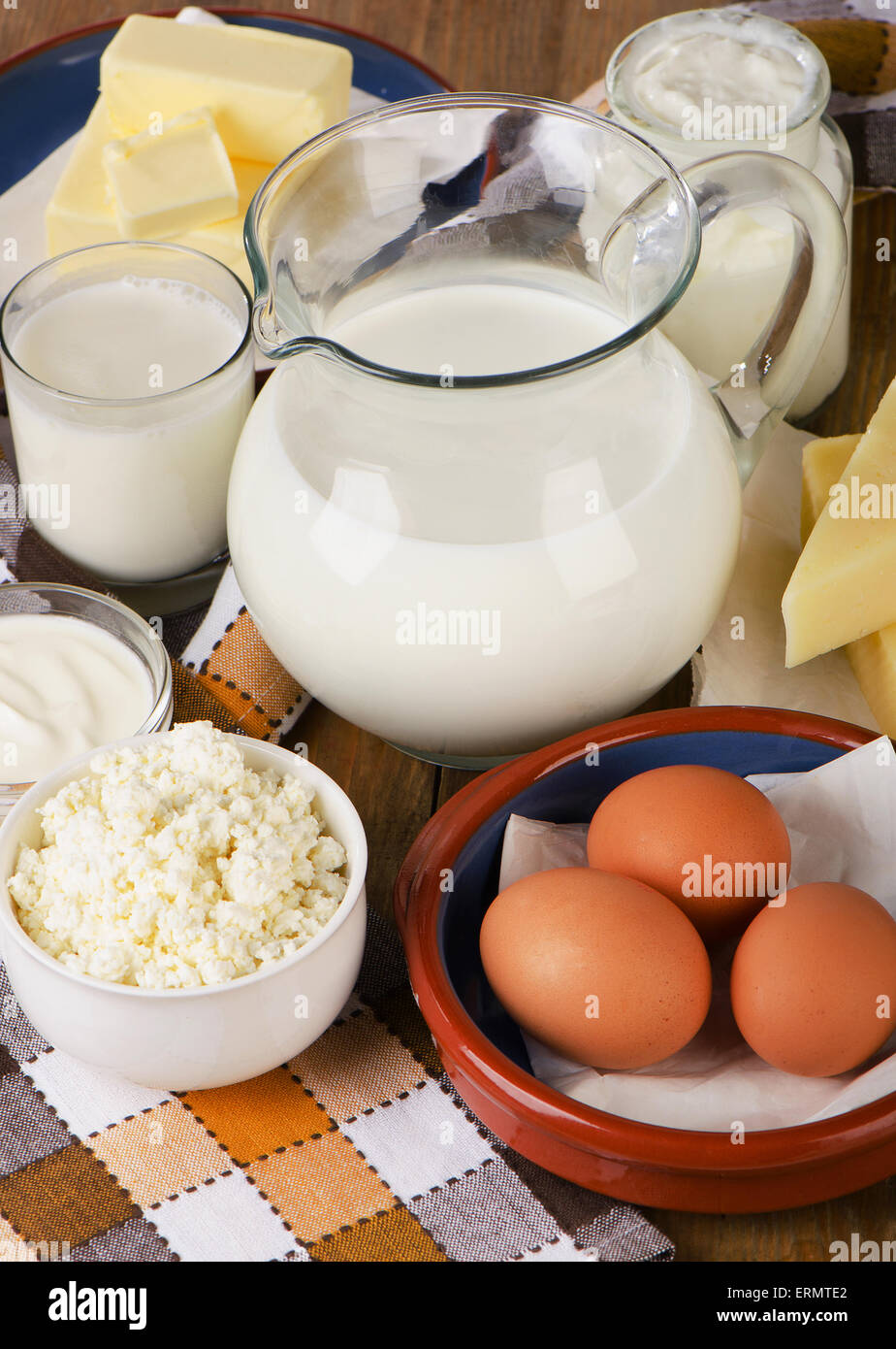 Dairy products on a wooden table. Selective focus Stock Photo