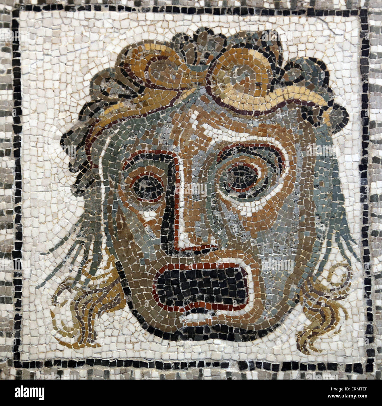 Floor mosaic with coffered nike and Dionysian masks. Villa Ruffinella. Italy. 1st century AD. National Roman Museum. Stock Photo