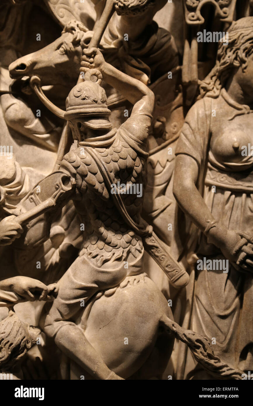 Portonaccio sarcophagus. 180 AD. Battle between Romans and Germanics in Marcomannics Wars. National Roman Museum. Palace Massimo Stock Photo