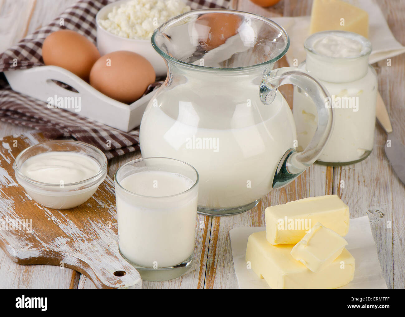 Milk products on a wooden table. Selective focus Stock Photo