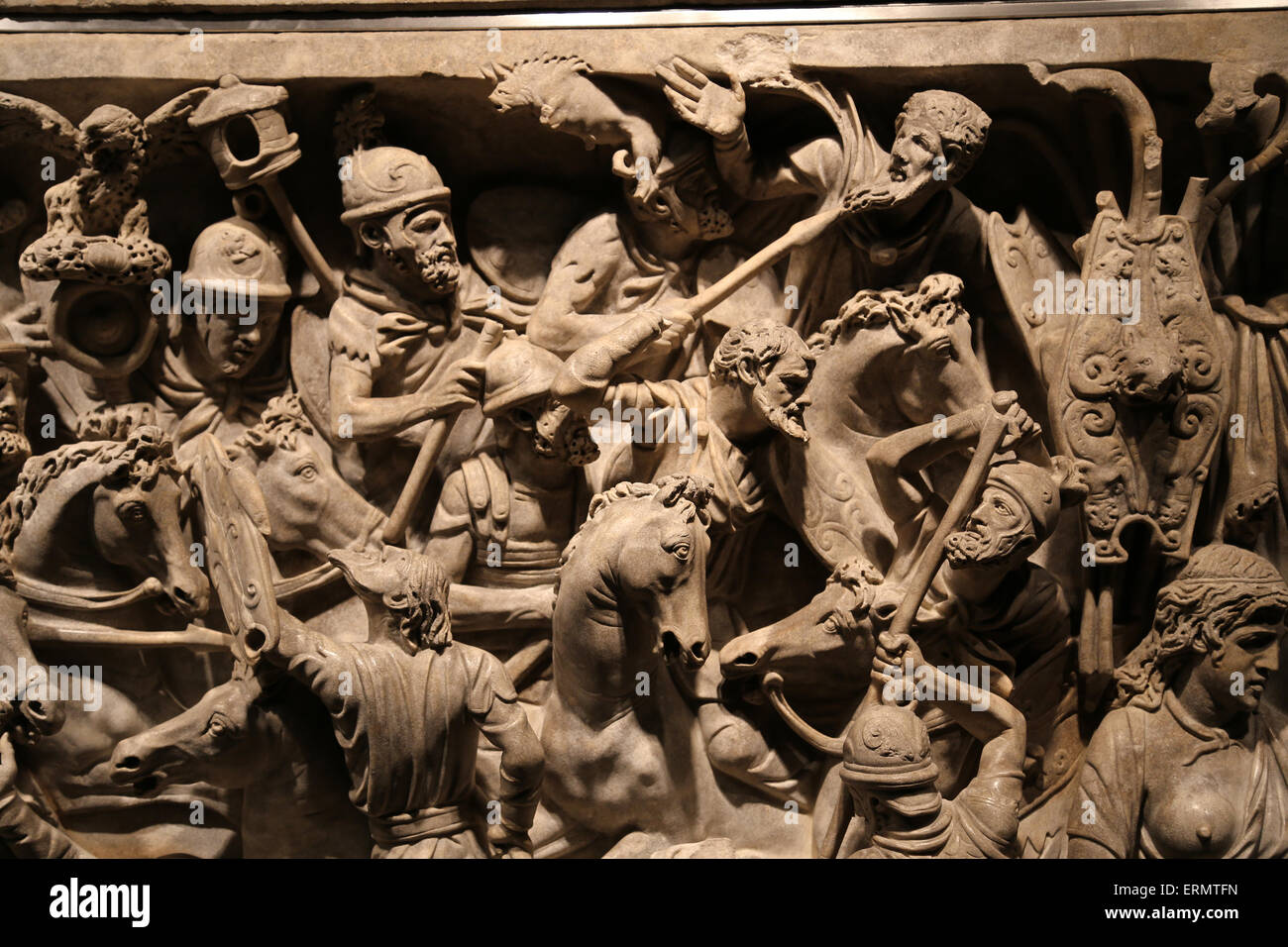 Portonaccio sarcophagus. 180 AD. Battle between Romans and Germanics in Marcomannics Wars. National Roman Museum. Palace Massimo Stock Photo