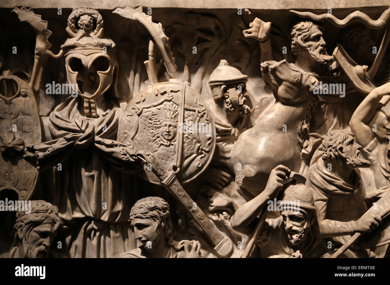 Portonaccio sarcophagus. 180 AD. Battle between Romans and Germanics in Marcomannics Wars. National Roman Museum. Palace Massimo Stock Photo