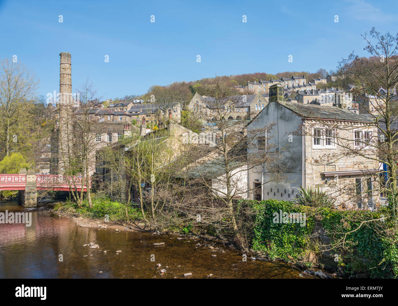 The pretty tourist town of Hebden Bridge in the South Pennine region of West Yorkshire showing steep terraced houses on the surr Stock Photo