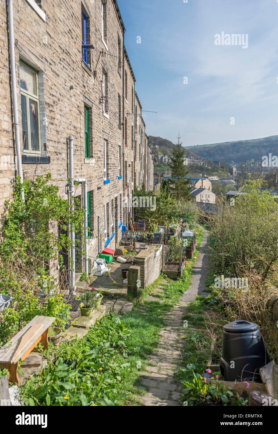Tall terraced houses which are famous within the West Yorkshire tourist town of Hebden bridge Stock Photo