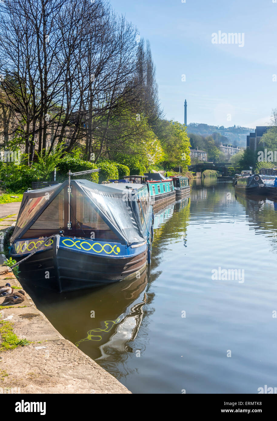 Narrowboats moored alongside the towpath of the Moorings at Sowerby Bridge in Calderdale West Yorkshire Stock Photo