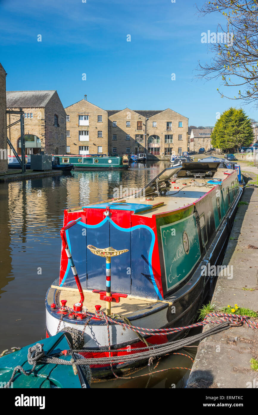 Narrowboats moored alongside the towpath of the Moorings at Sowerby Bridge in Calderdale West Yorkshire Stock Photo