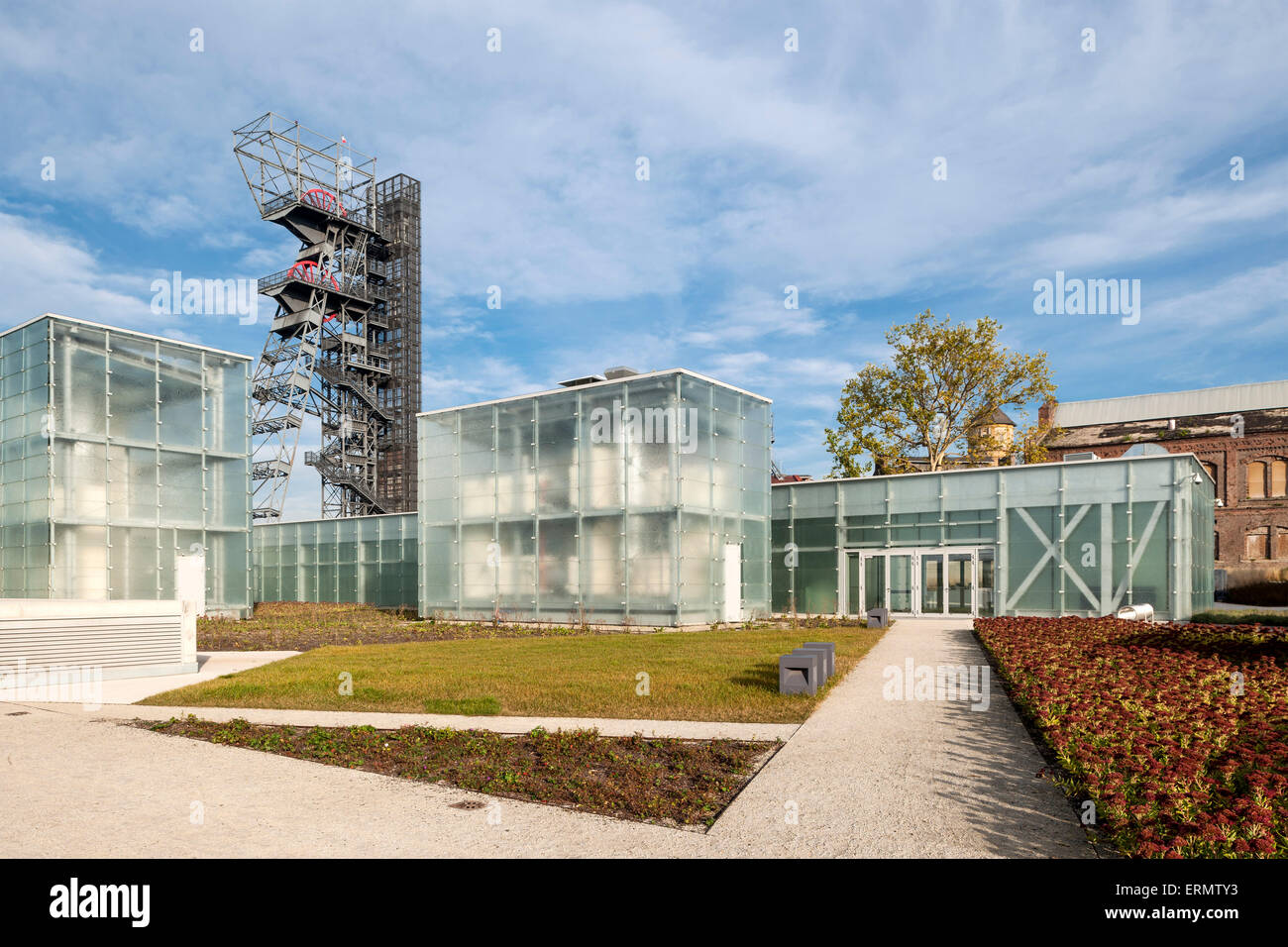 Glass cubes in landscaped garden with mining tower beyond. Silesian Museum, Katowice, Poland. Architect: Riegler Riewe Architekt Stock Photo
