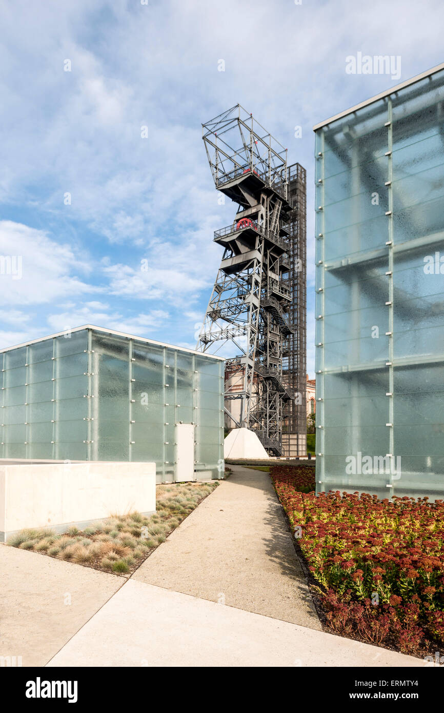 Glass cubes in landscaped garden with mining tower beyond. Silesian Museum, Katowice, Poland. Architect: Riegler Riewe Architekt Stock Photo