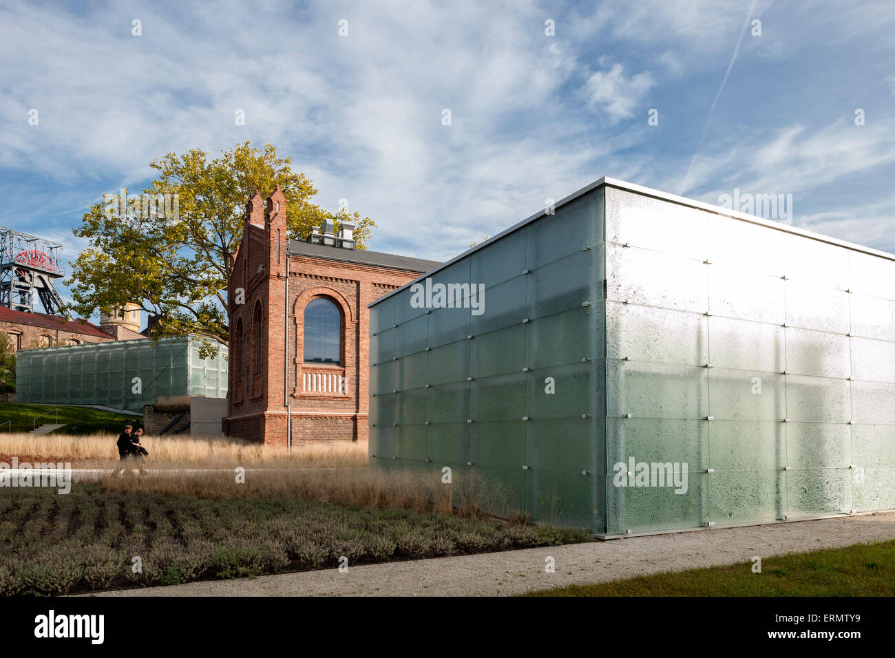 Modern glass cubes in juxtaposition with historic industrial buildings. Silesian Museum, Katowice, Poland. Architect: Riegler Ri Stock Photo