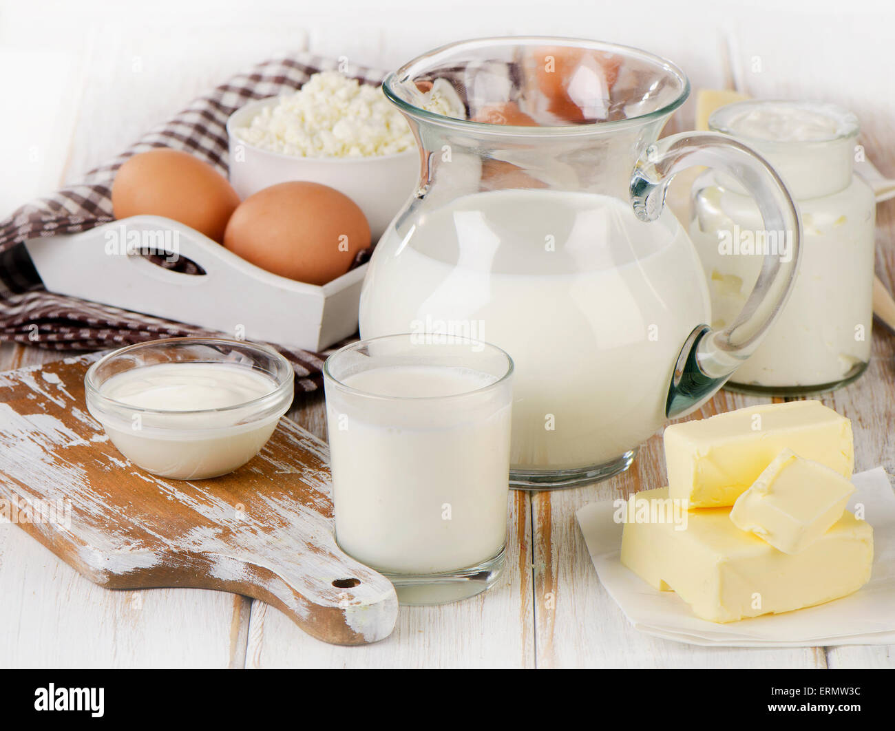 Fresh Milk products on  a  wooden background. Selective focus Stock Photo