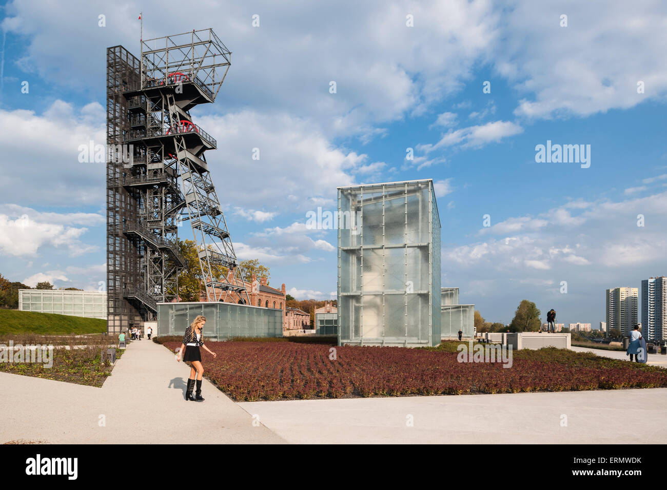 Ensemble of new and historic buildings in recreational public park. Silesian Museum, Katowice, Poland. Architect: Riegler Riewe Stock Photo