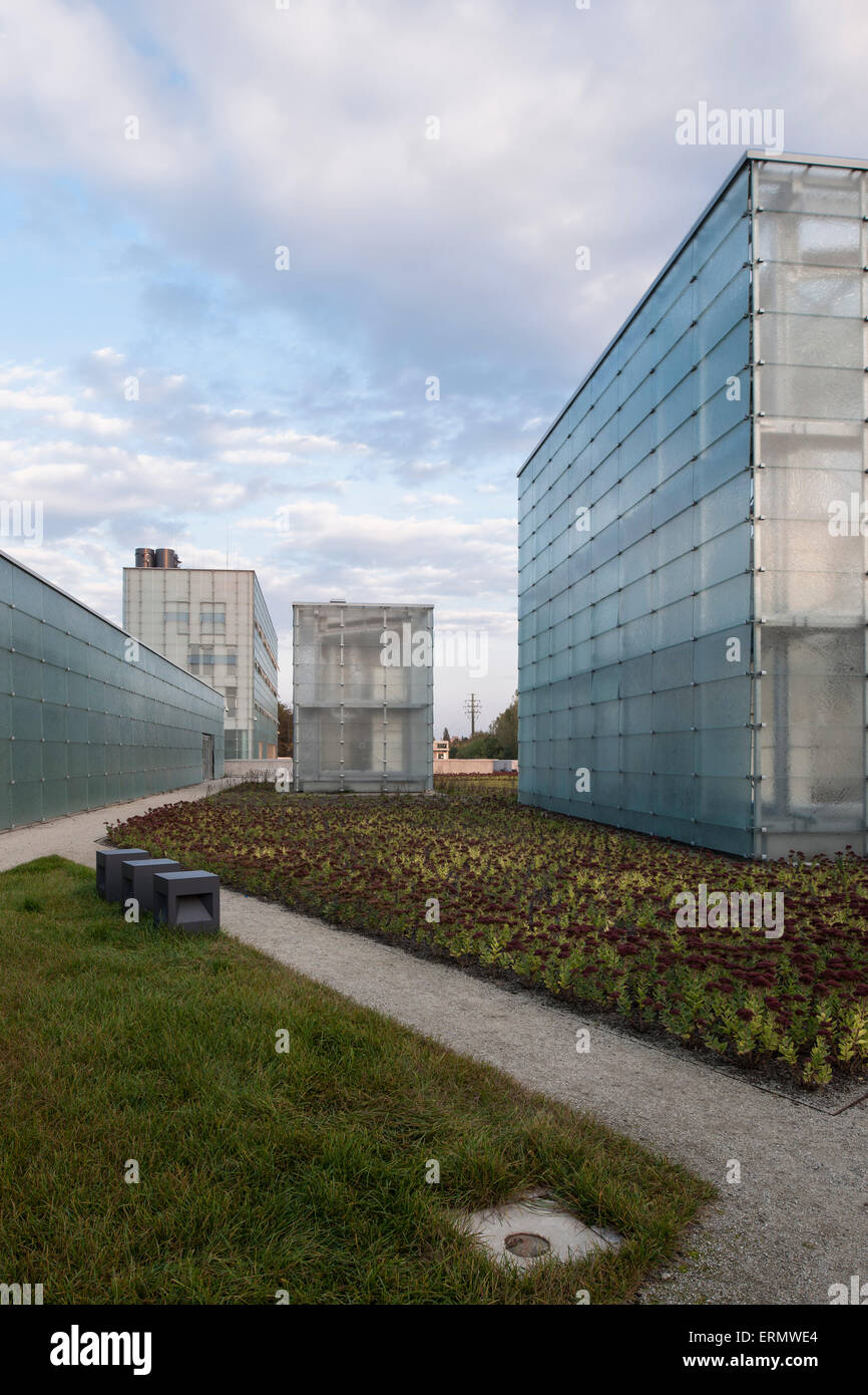 Walkways leading through museum site. Silesian Museum, Katowice, Poland. Architect: Riegler Riewe Architekten , 2014. Stock Photo