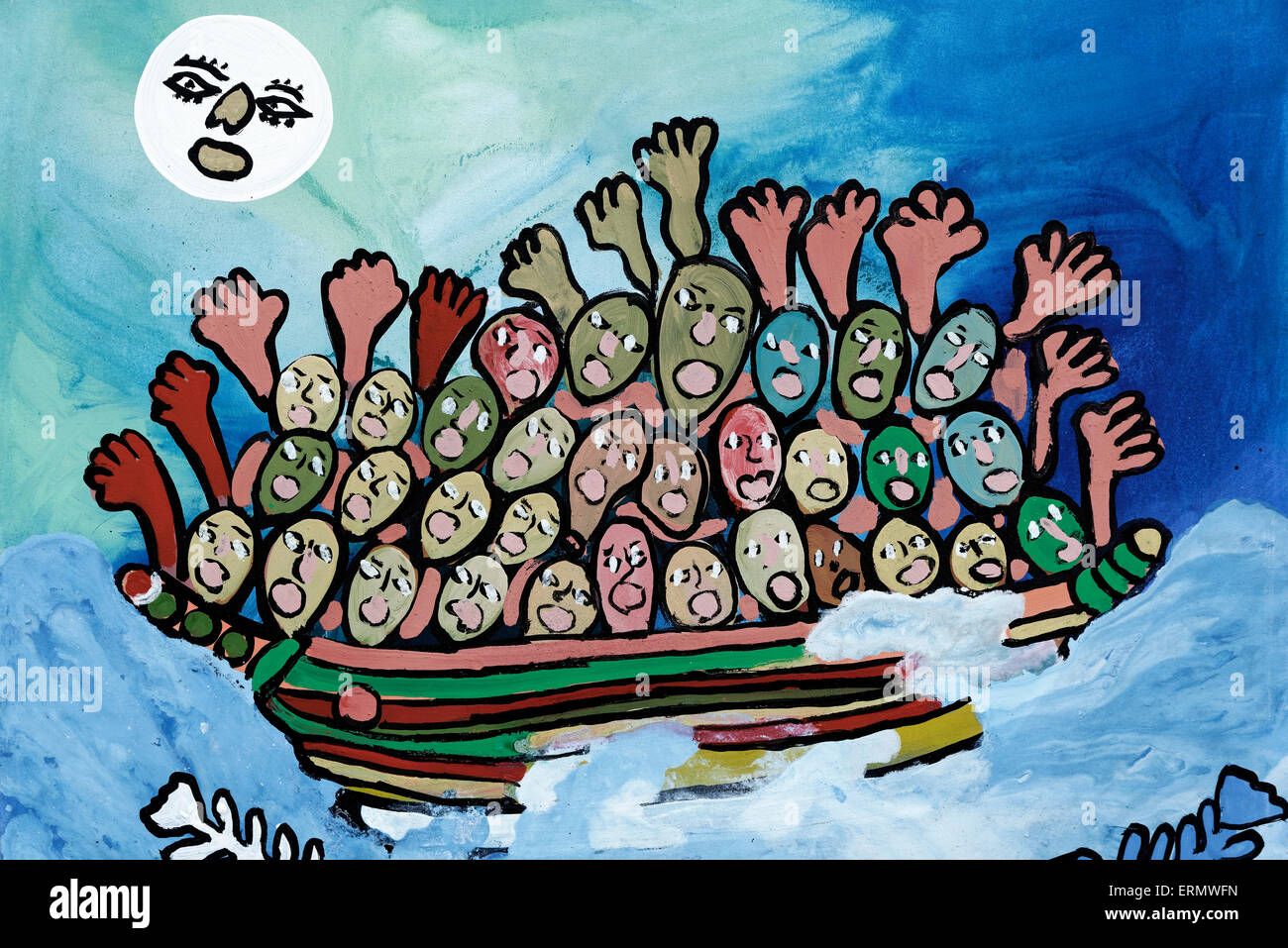 People in a boat, mural, Asilah, Morocco Stock Photo