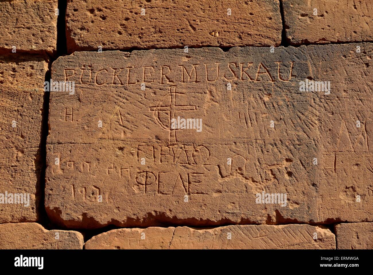 Engraved name of Prince Hermann Ludwig Heinrich von Pückler-Muskau on Hathor temple or Roman kiosk, Naga, Nubia, Nahr an-Nil Stock Photo