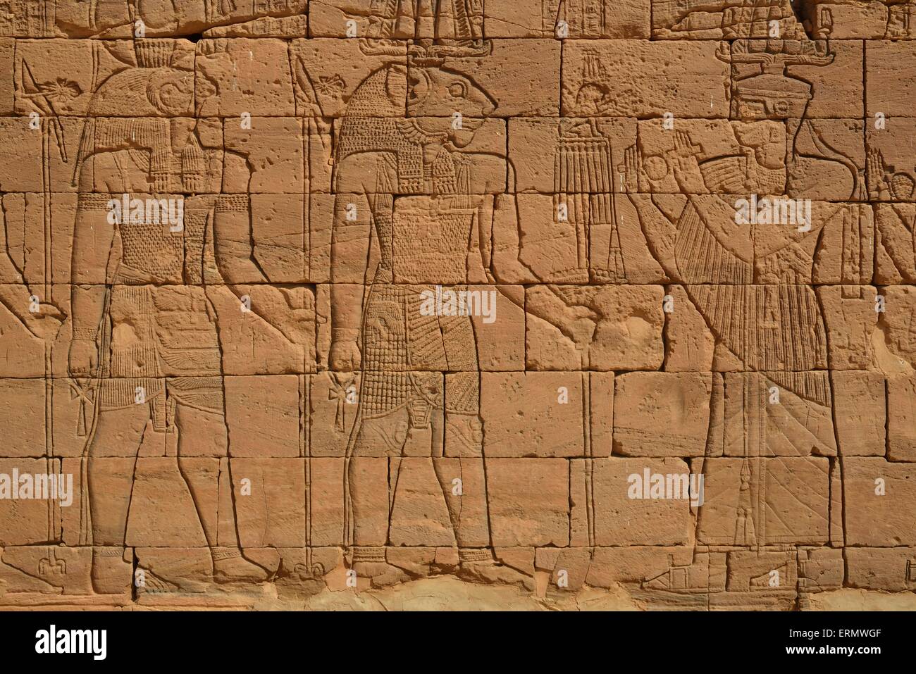 Relief of a procession with the deities Apedemak and Horus at the Lion Temple for the lion-deity Apedemak, Naga, Black Pharaohs Stock Photo