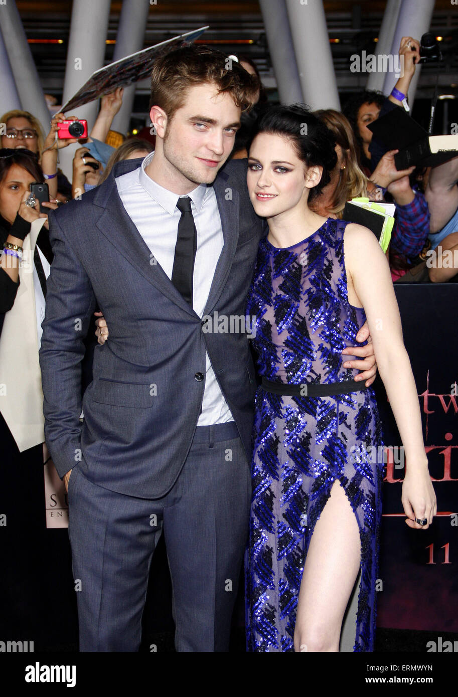 Robert Pattinson and Kristen Stewart at the Los Angeles premiere of 'The Twilight Saga: Breaking Dawn Part 1'. Stock Photo