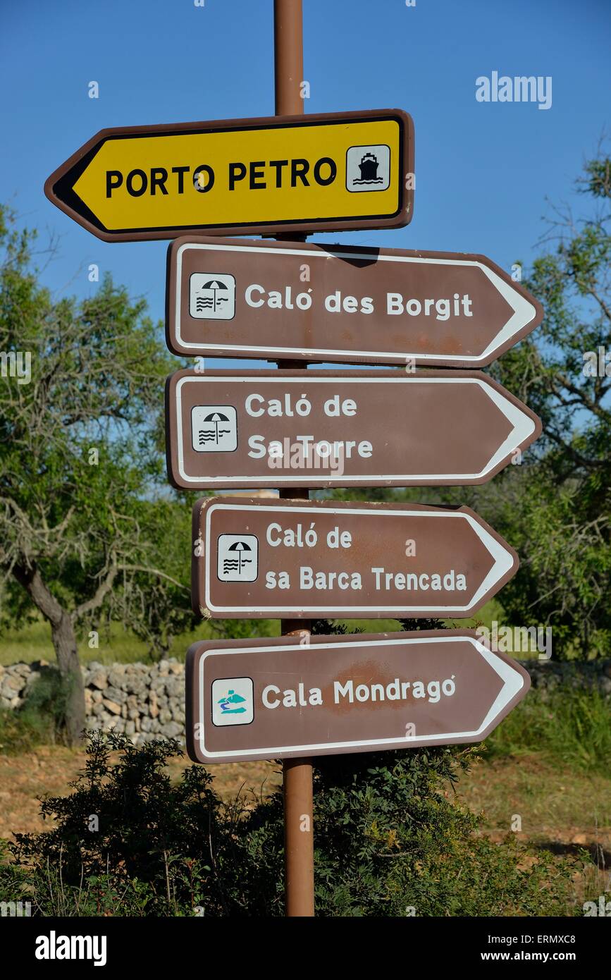 Direction signs, near Porto Petro, Majorca, Balearic Islands, Spain Stock Photo