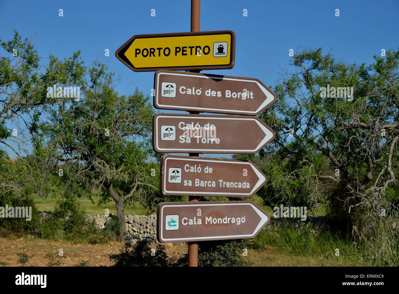 Direction signs, near Porto Petro, Majorca, Balearic Islands, Spain Stock Photo