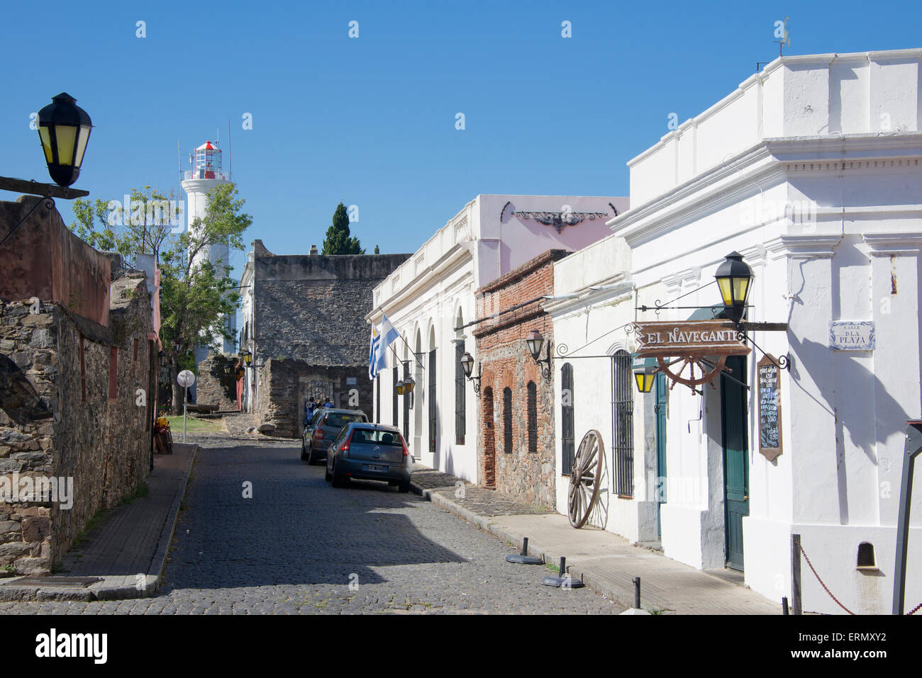 Whitewashed buildings and lighthouse historic colonial quarter Colonia del Sacramento Uruguay Stock Photo