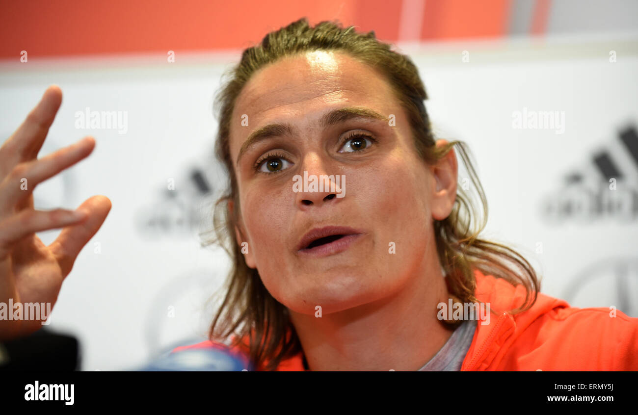 Germany's goalkeeper Nadine Angerer gestures at the press conference in the Shaw Centre during the FIFA Women's World Cup in Ottawa, Canada, 04 June 2015. Photo: Carmen Jaspersen/dpa Stock Photo