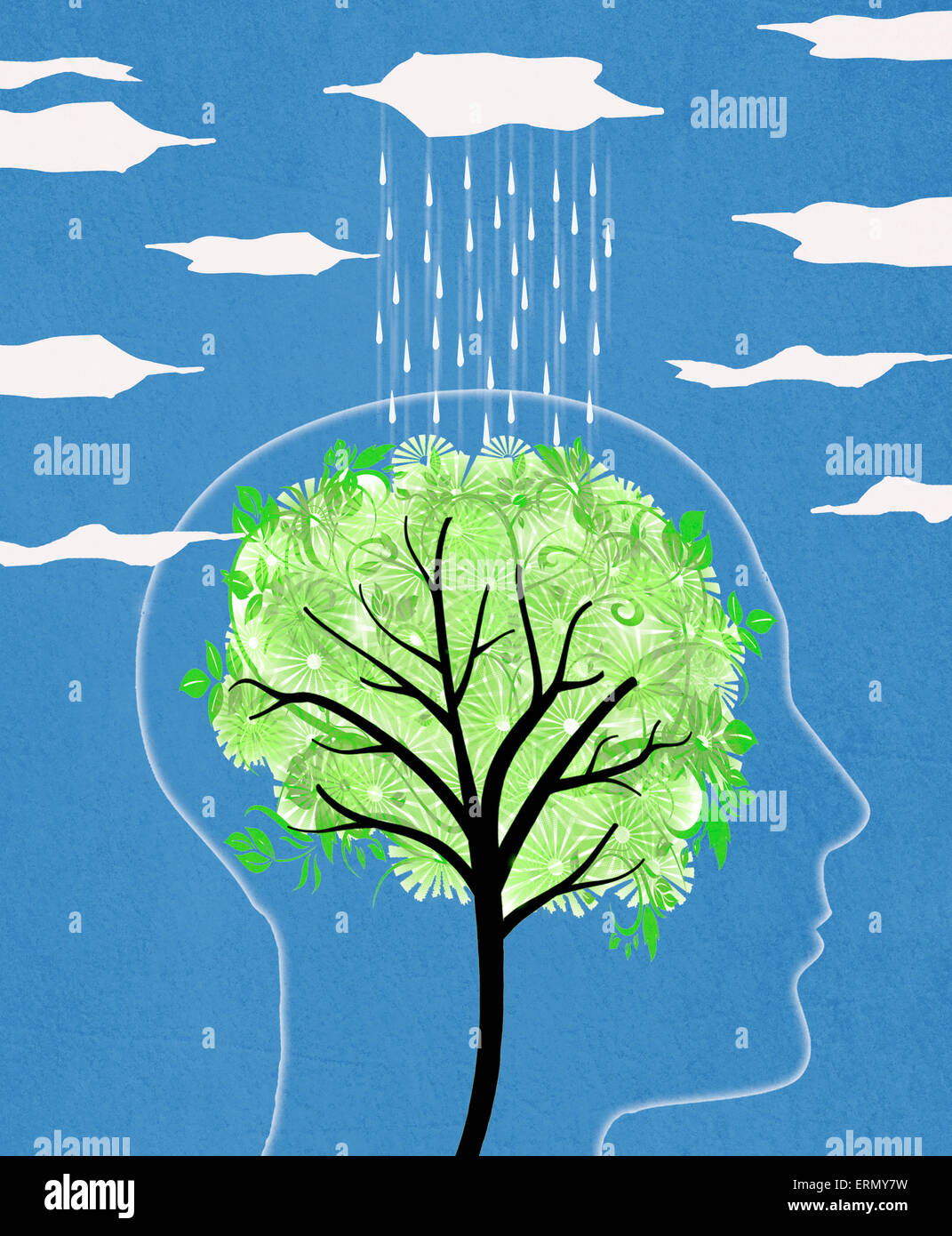 head silhouette with tree and rain digital illustration Stock Photo