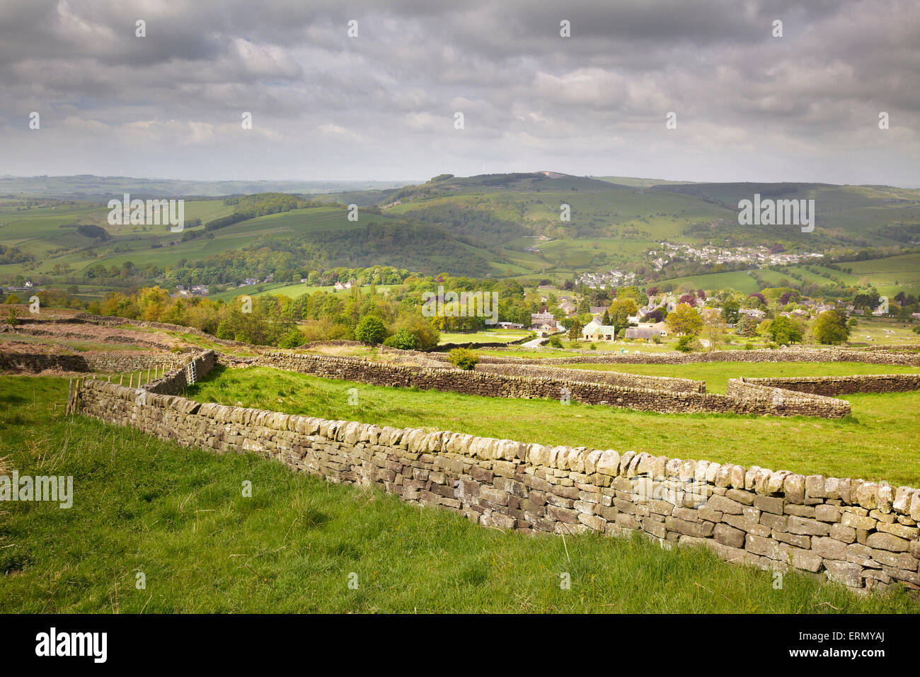 view from Curbar Edge over Curbar and Calver, Derbyshire, England Stock Photo