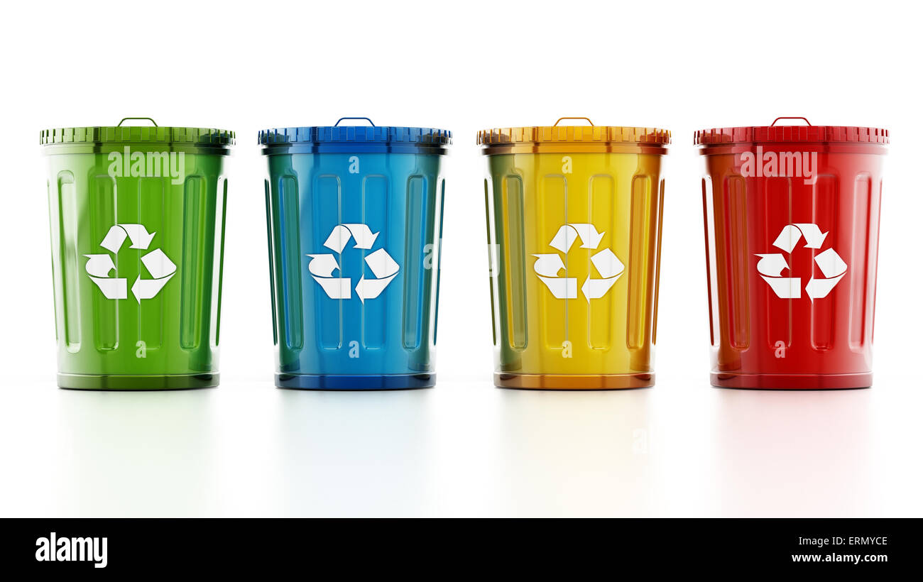 Green, blue, yellow and red recycle bins isolated on white background