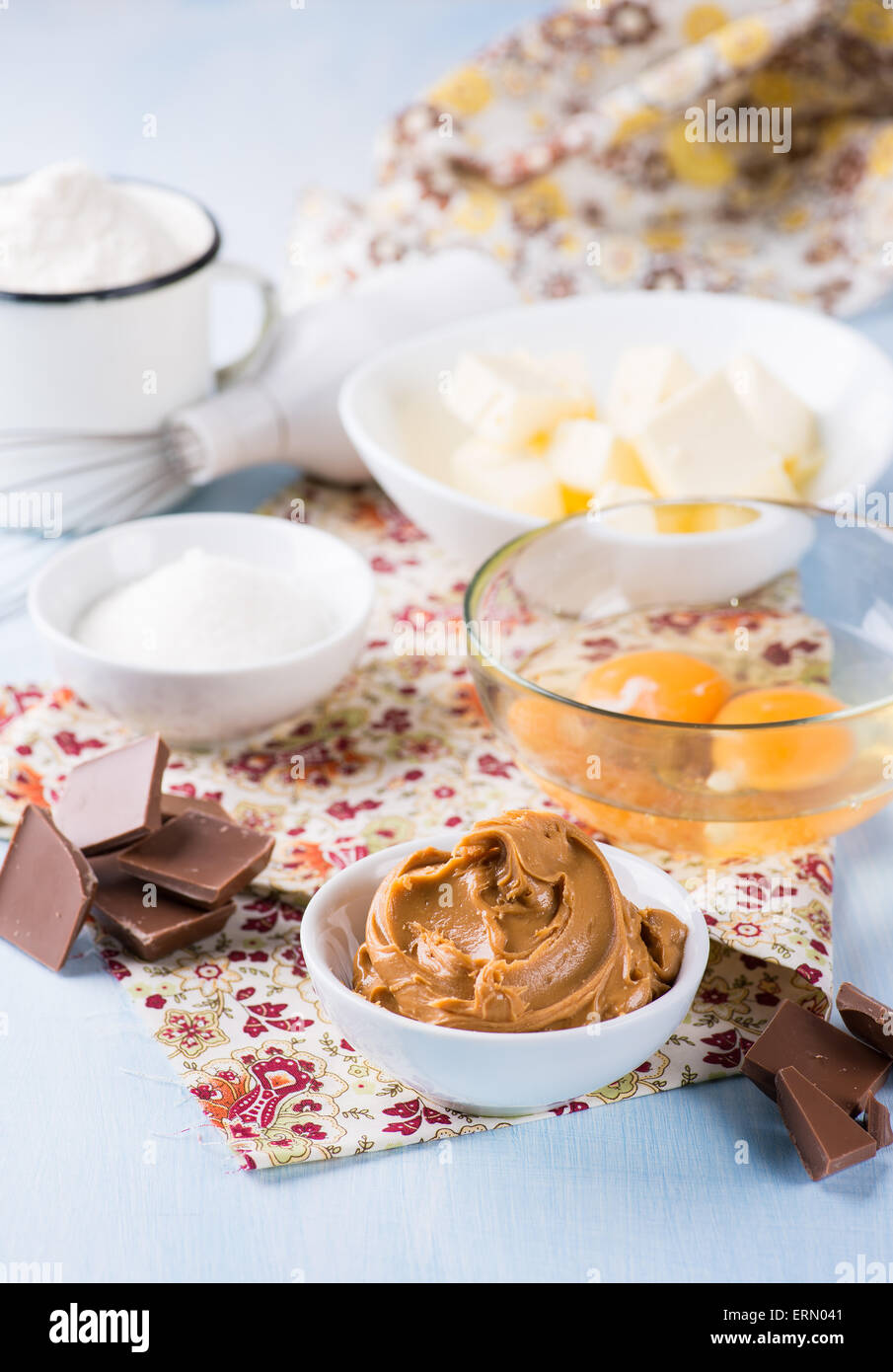 Peanut butter, chocolate chunks, eggs, sugar, flour and butter