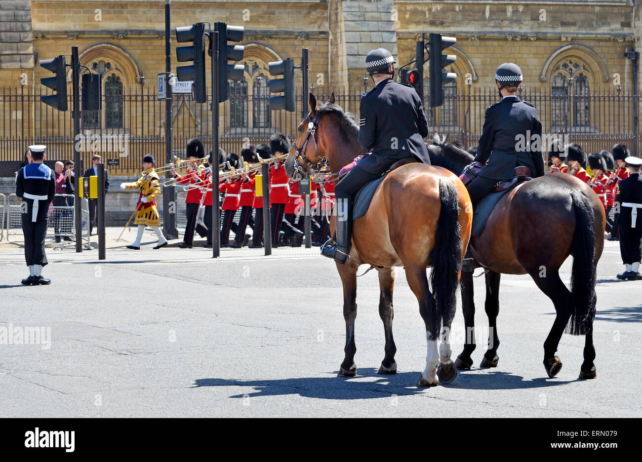 London, UK. 27th May, 2015. Mounted Police officers at the State Opening of Parliament Stock Photo