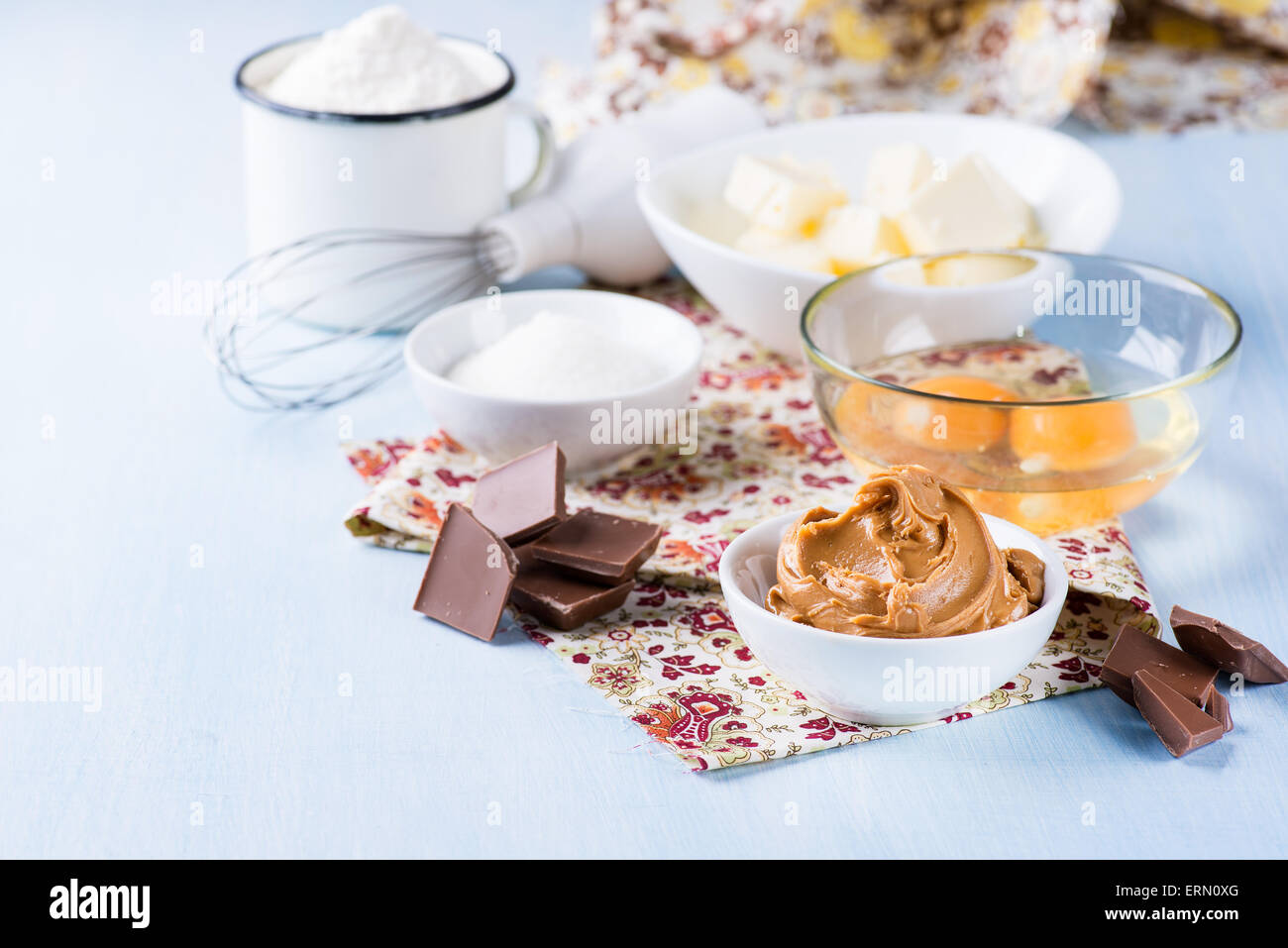 Peanut butter, chocolate chunks, eggs, sugar, flour and butter