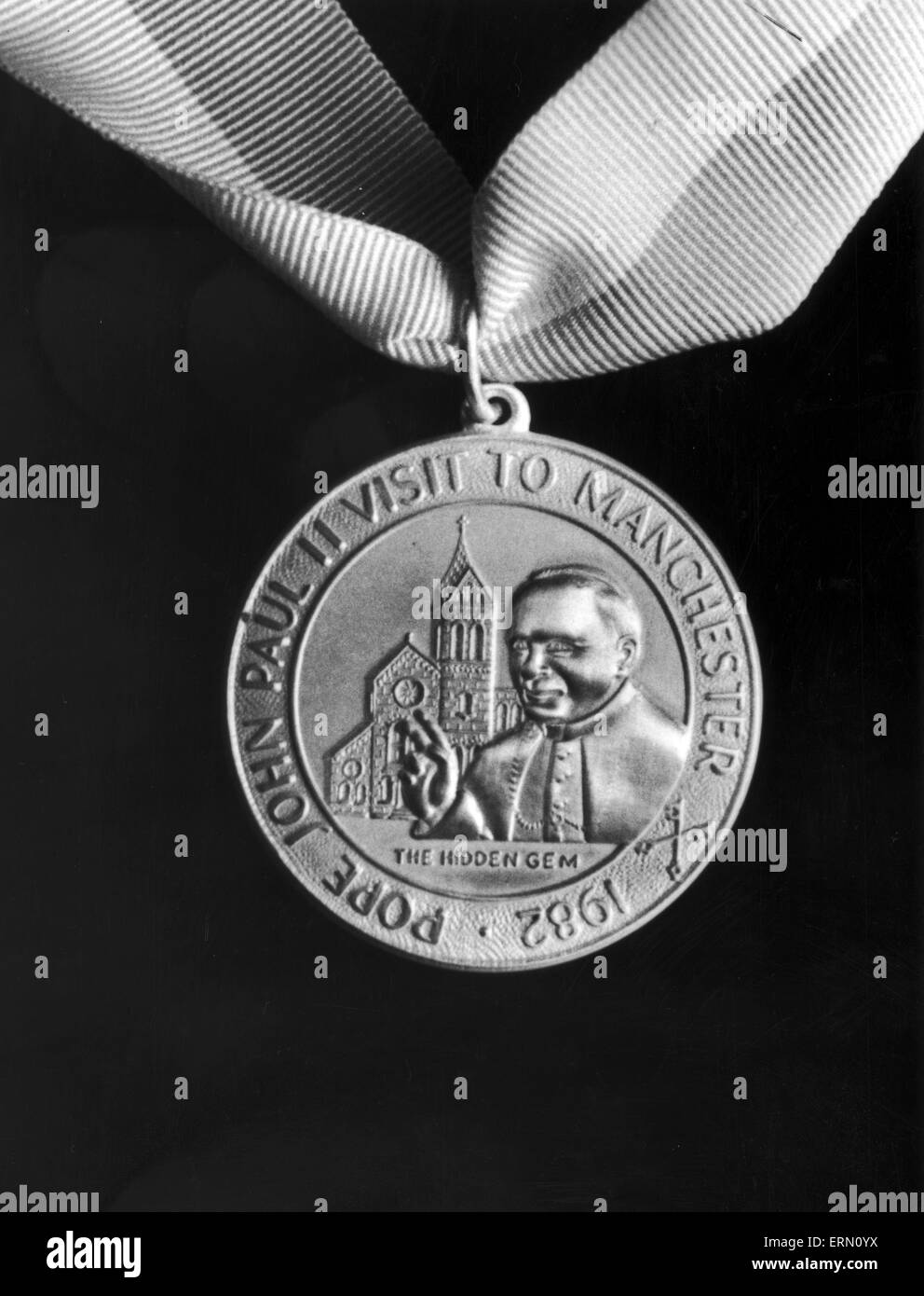 Platinum medal showing Manchester's Hidden Gem Church, will be presented to Pope John Paul II during his visit to Manchester on 31st  May 1982, pictured 18th May 1982. Stock Photo