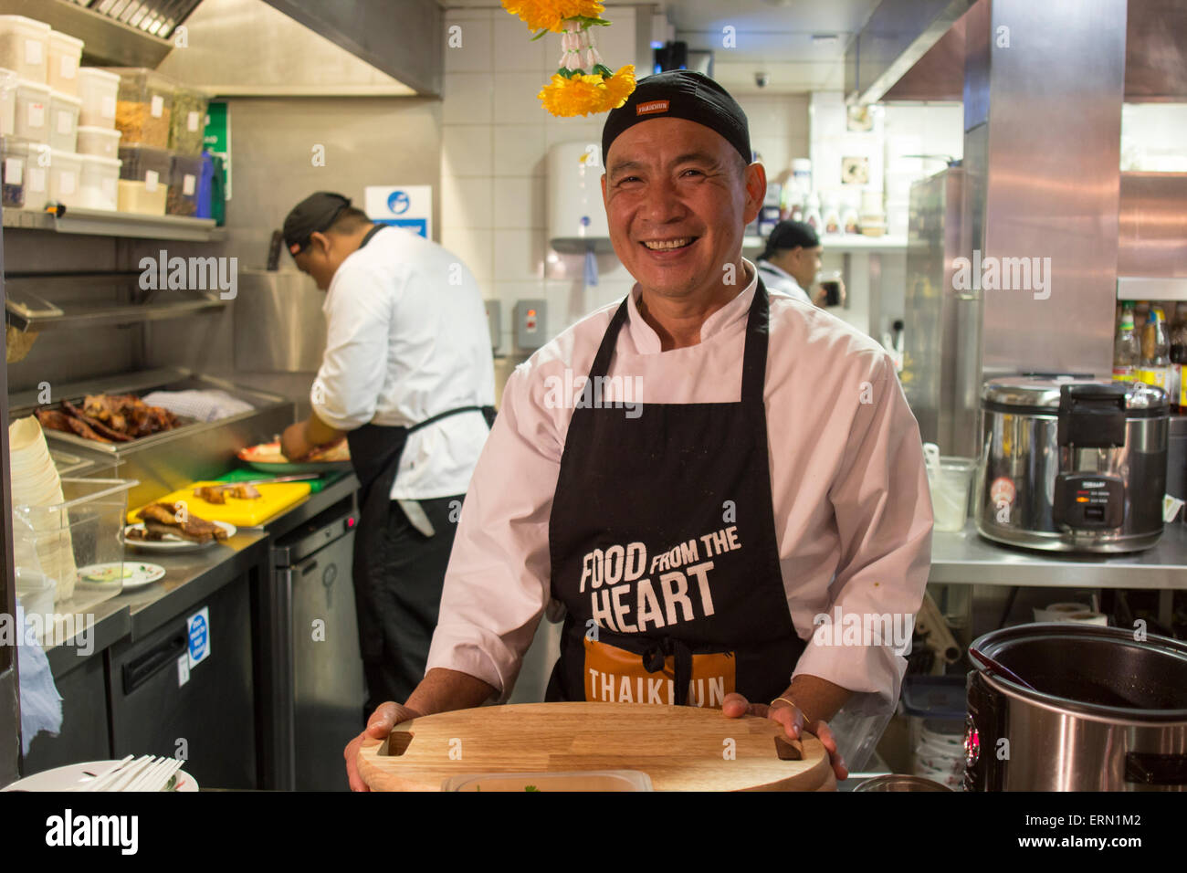 Cambridge, UK. 4th June, 2015. New Thaikhun restaurant opens in Cambridge. Martin Stead and his wife Kim Kaewkraikhot - Stock Image