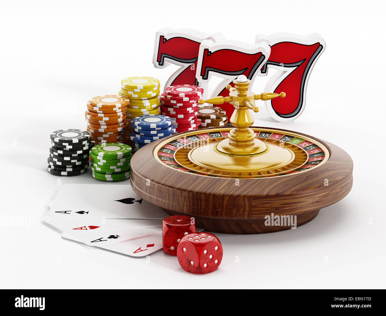 Roulette, dice, game cards and three sevens on white background Stock