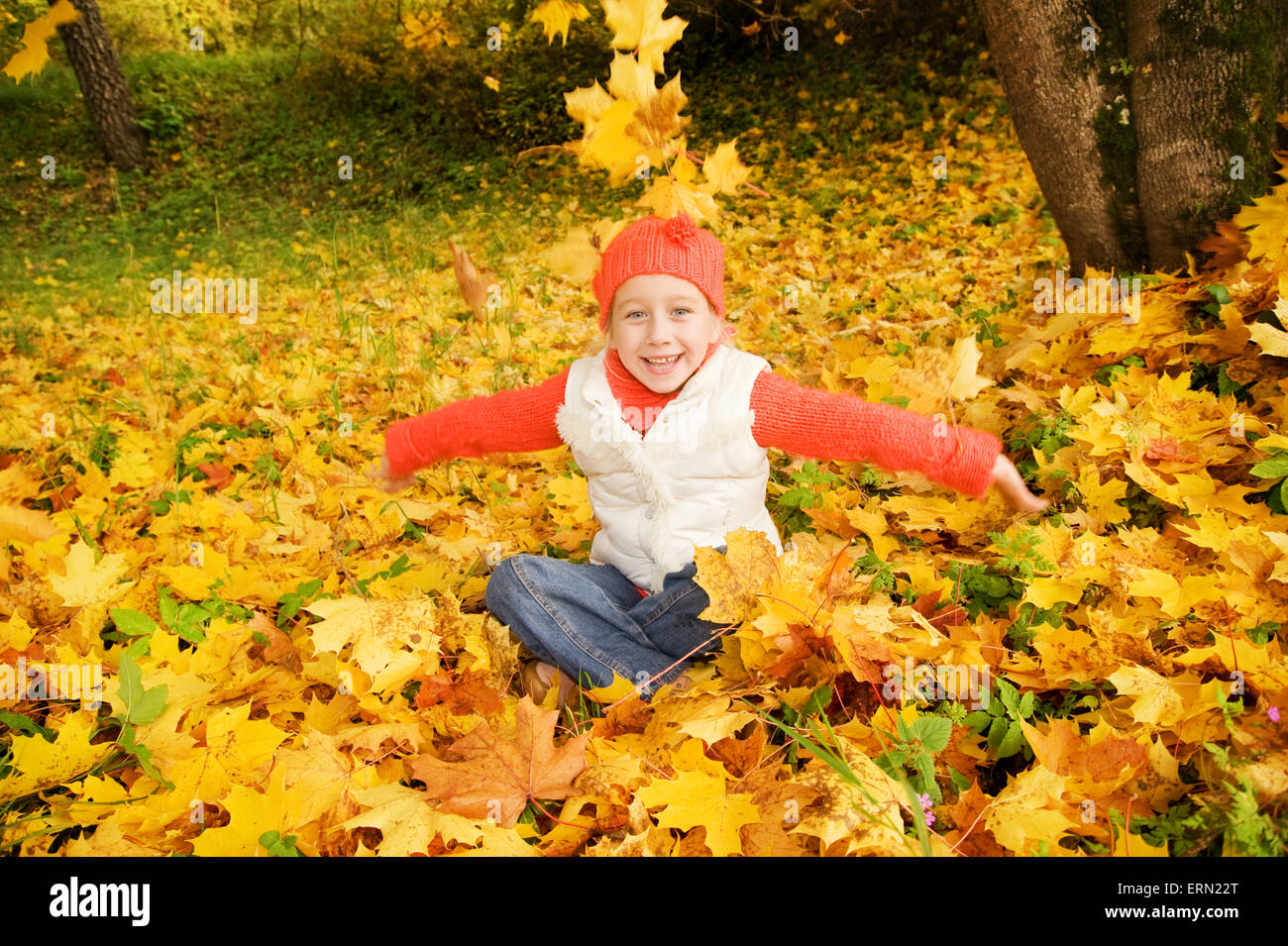 Beautiful little girl with autumn leaves outdoors Stock Photo - Alamy
