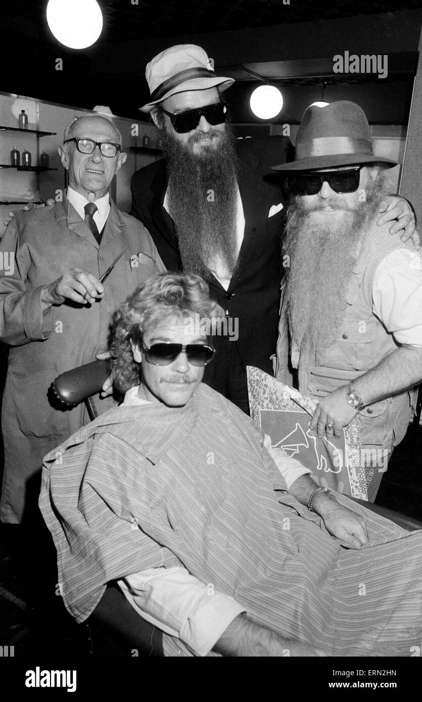 American rock group ZZ Top at a barbers, Birmingham, 16th August 1985. Stock Photo