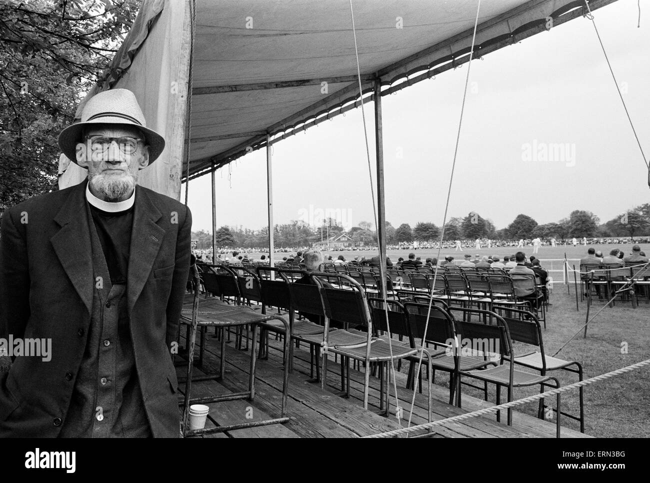 For the first time County cricket was played on a Sunday. The match between Essex and Somerset took place at Valentine's Park in Ilford. Photo shows: A retired vicar, the Reverend V F Honniball from Little Baddow, waits for a companion before watching the match. 15th May 1966. Stock Photo