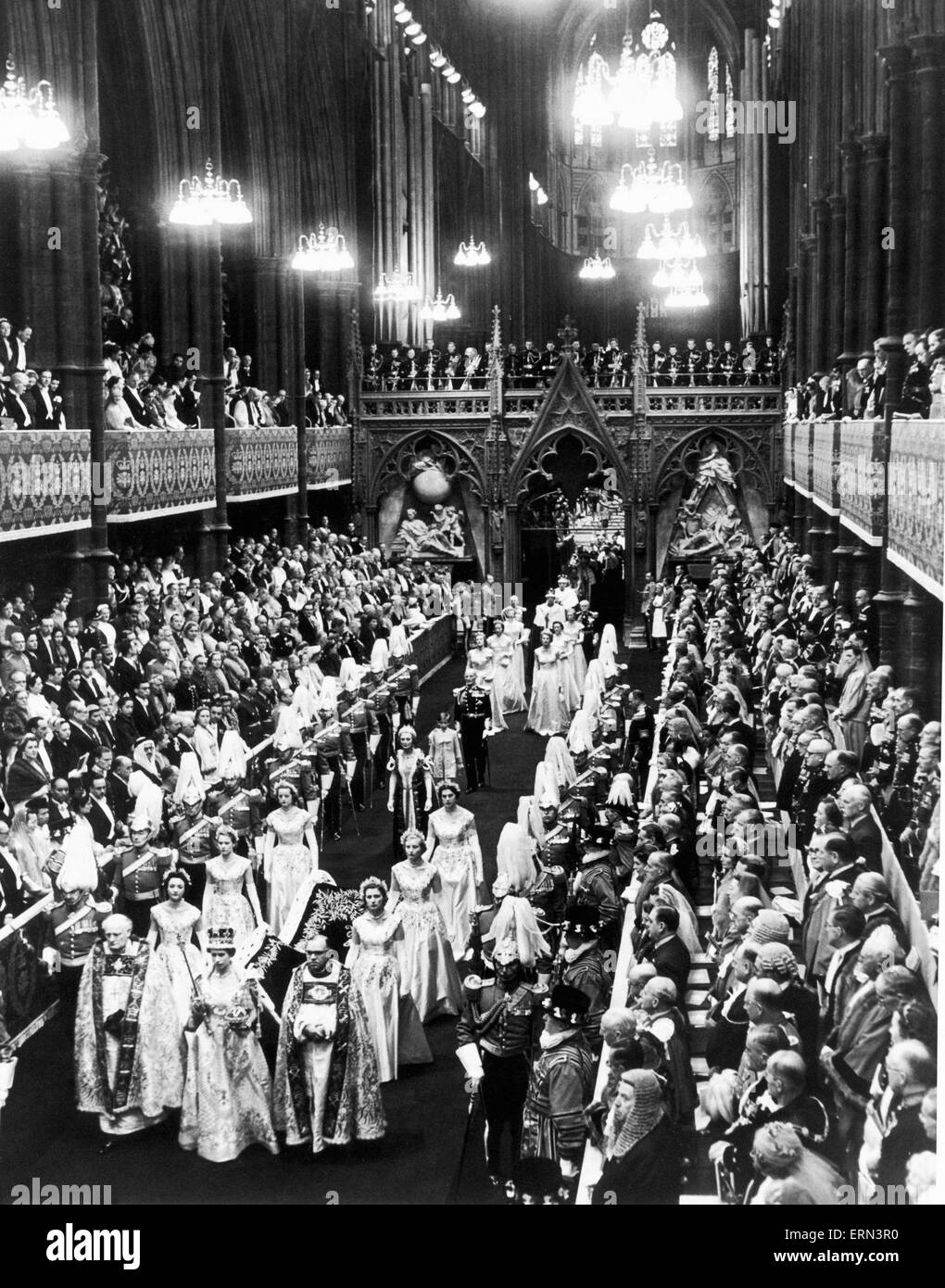 The Coronation of Queen Elizabeth II was the ceremony in which the newly ascended monarch, Elizabeth II, was crowned Queen of the United Kingdom, Canada, Australia, New Zealand, South Africa, Ceylon, and Pakistan, as well as taking on the role of Head of the Commonwealth. (Picture) The closing stages of the Abbey service, the Queen wearing the imperial crown, bearing in her right hand the Sceptre with cross and in her left the Orb. 2nd June 1953 Stock Photo